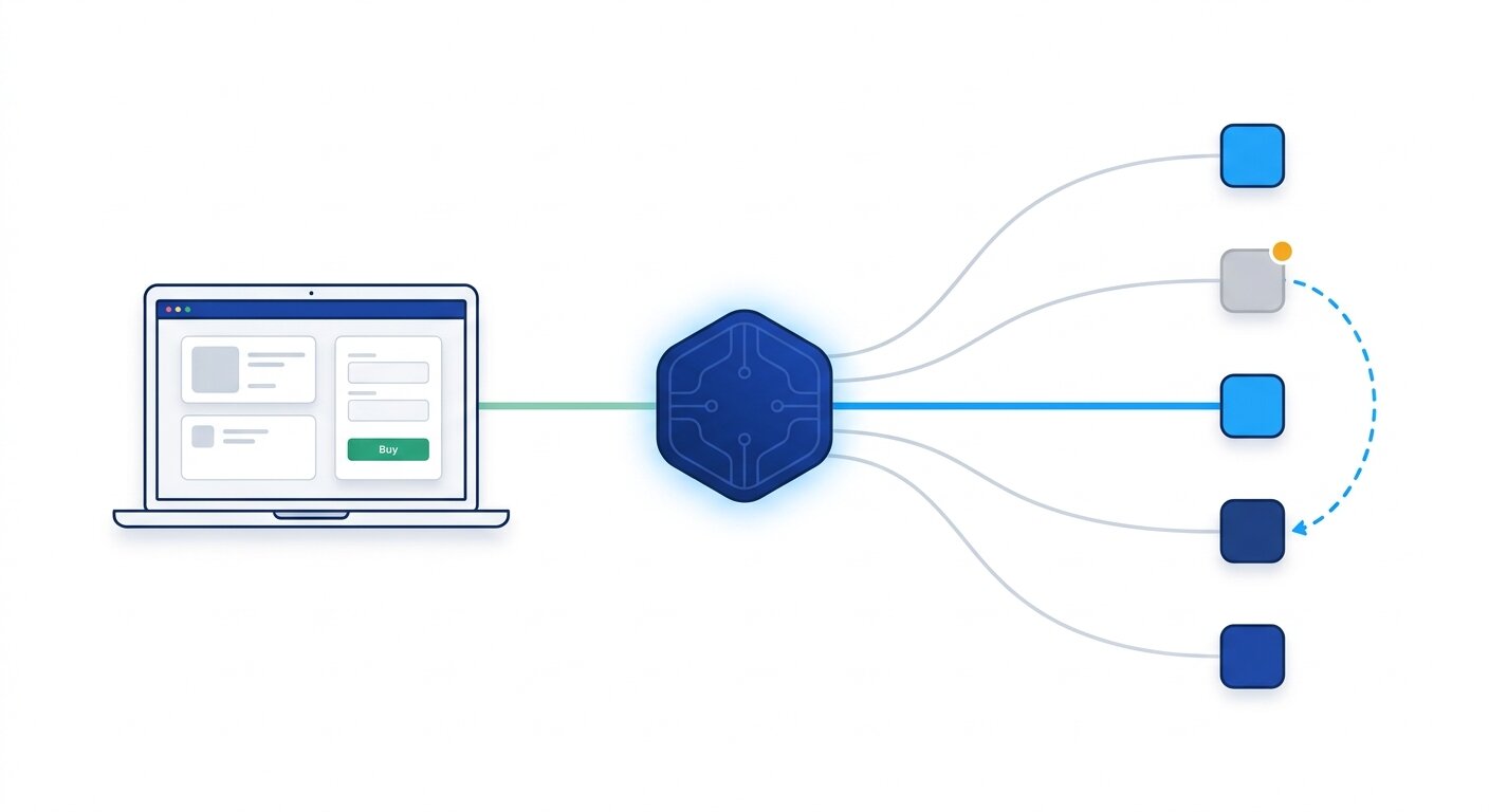 A store checkout connected to one orchestration layer, which routes each payment to one of five providers and reroutes around an unavailable one.