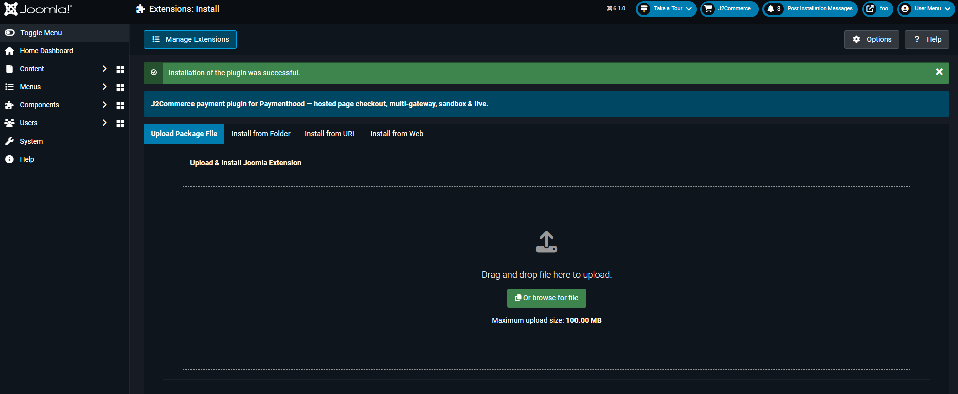 Joomla Extensions Install — Upload Package File, installation successful