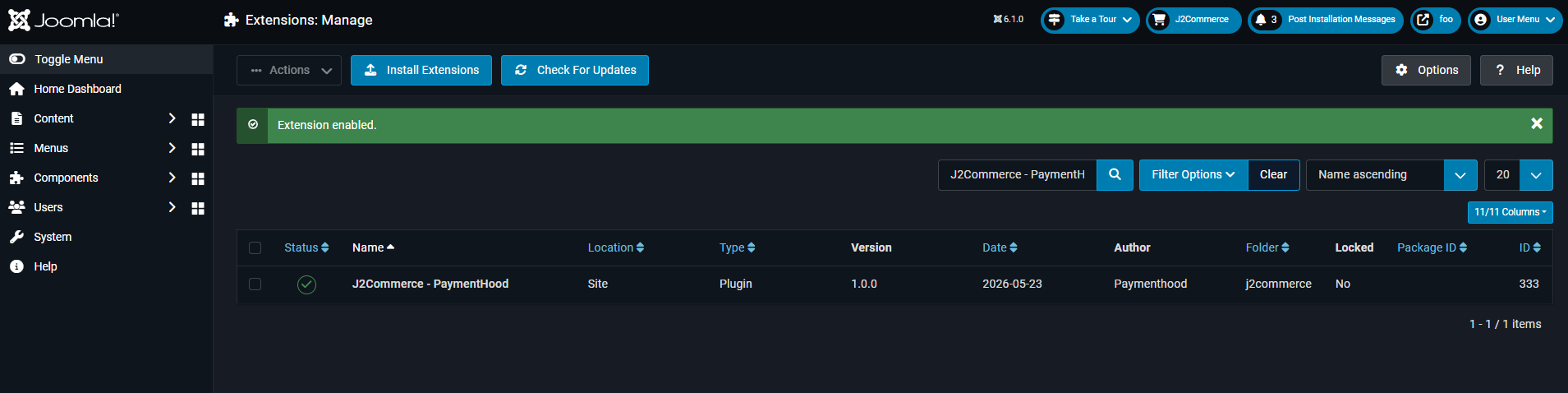Joomla Extensions Manage — J2Commerce PaymentHood plugin enabled