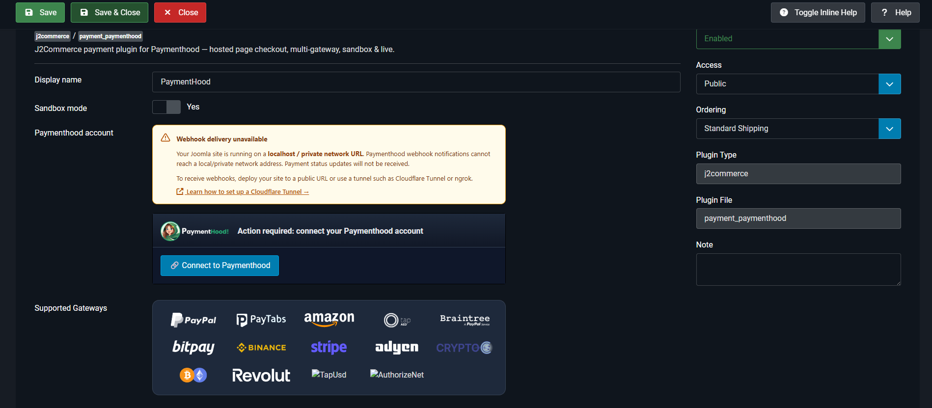 J2Commerce PaymentHood plugin settings — connect account and localhost webhook warning