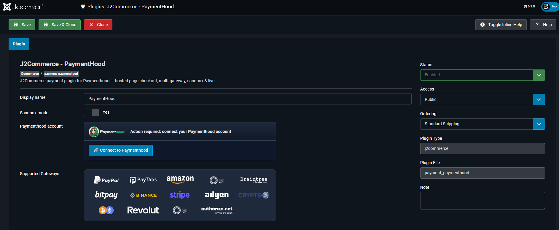 J2Commerce PaymentHood plugin settings on a public domain — no webhook warning