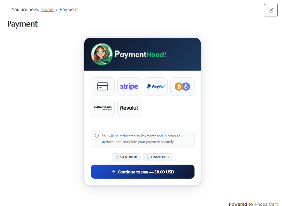 Phoca Cart PaymentHood Checkout