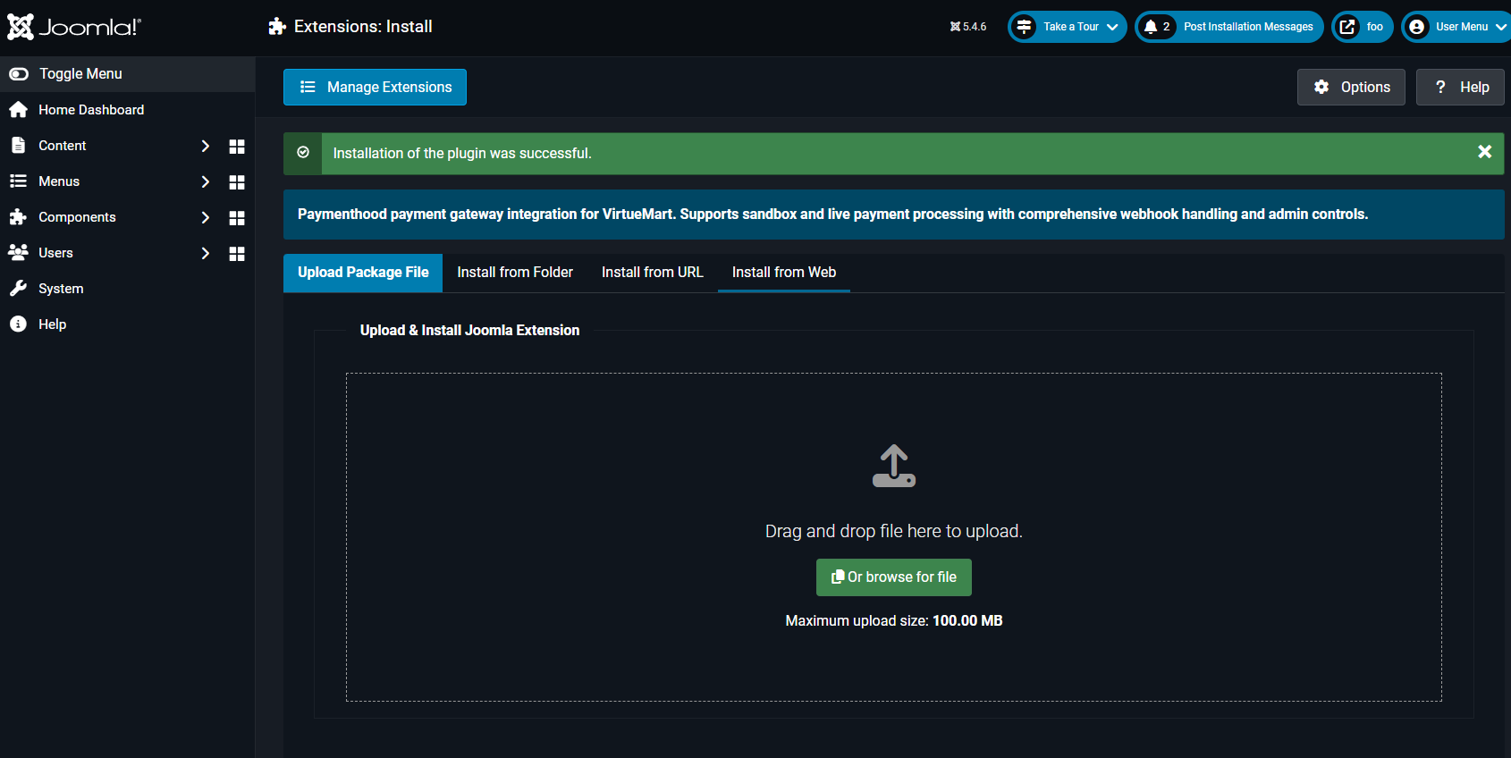 Joomla Extensions Install — Upload Package File, installation successful