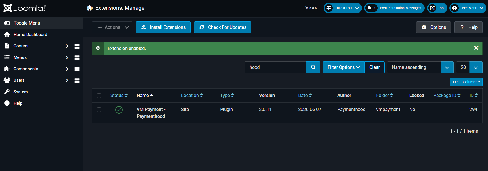 Joomla Extensions Manage — VirtueMart PaymentHood plugin enabled