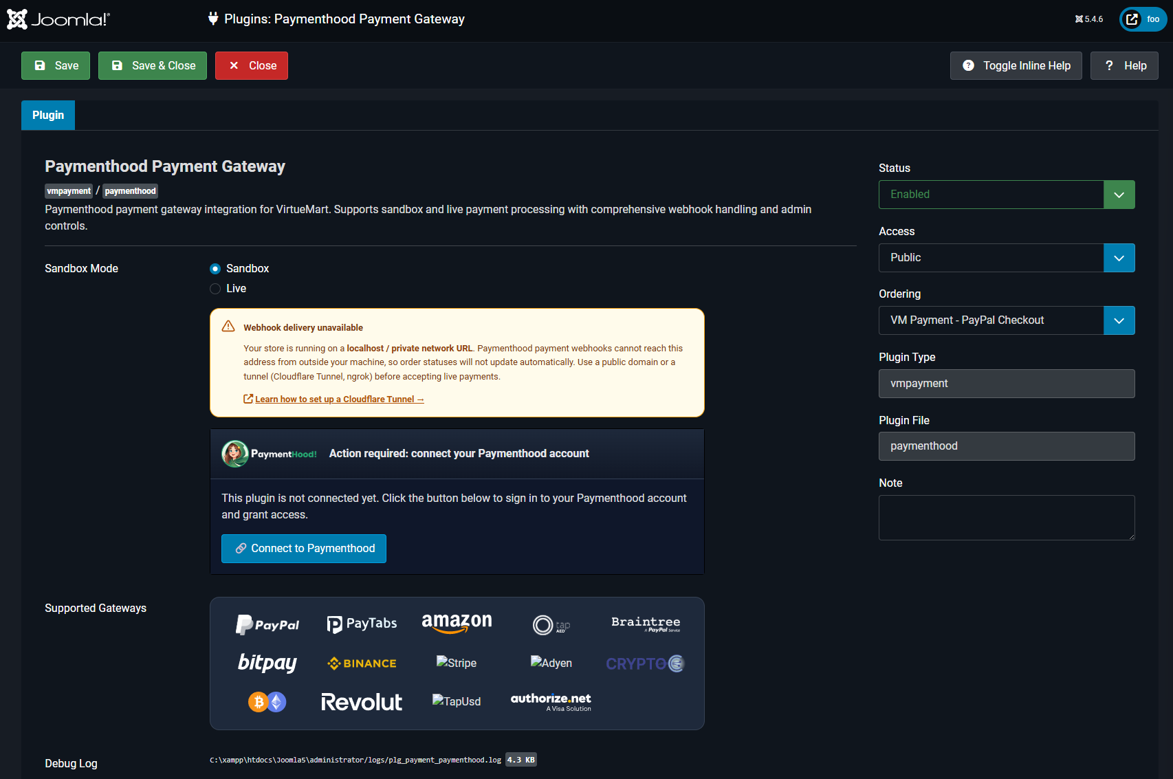 VirtueMart PaymentHood settings — connect account and localhost webhook warning