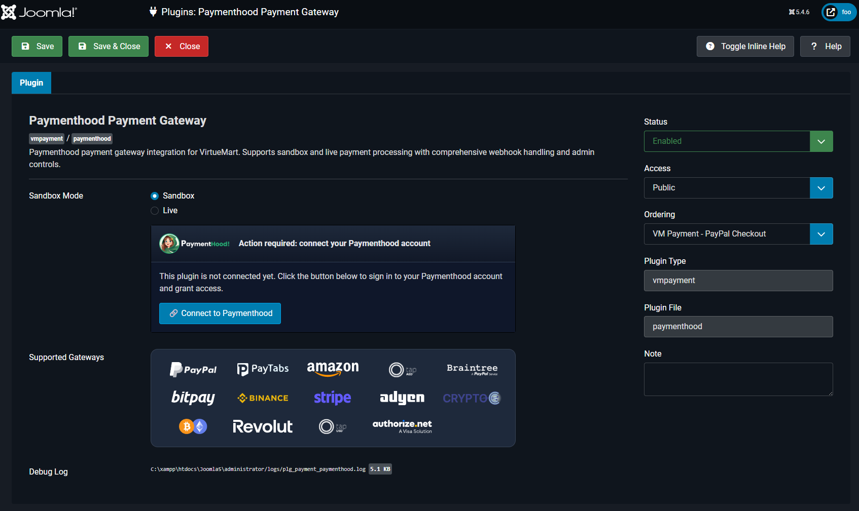 VirtueMart PaymentHood settings on a public domain — no webhook warning