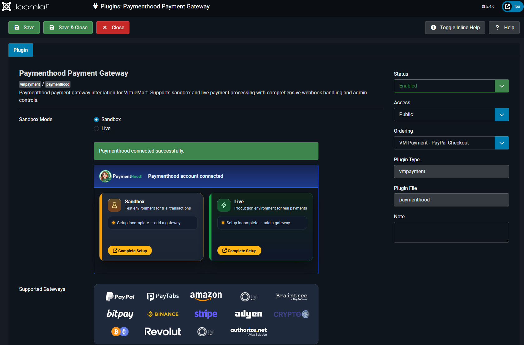 PaymentHood connected — complete Sandbox and Live setup