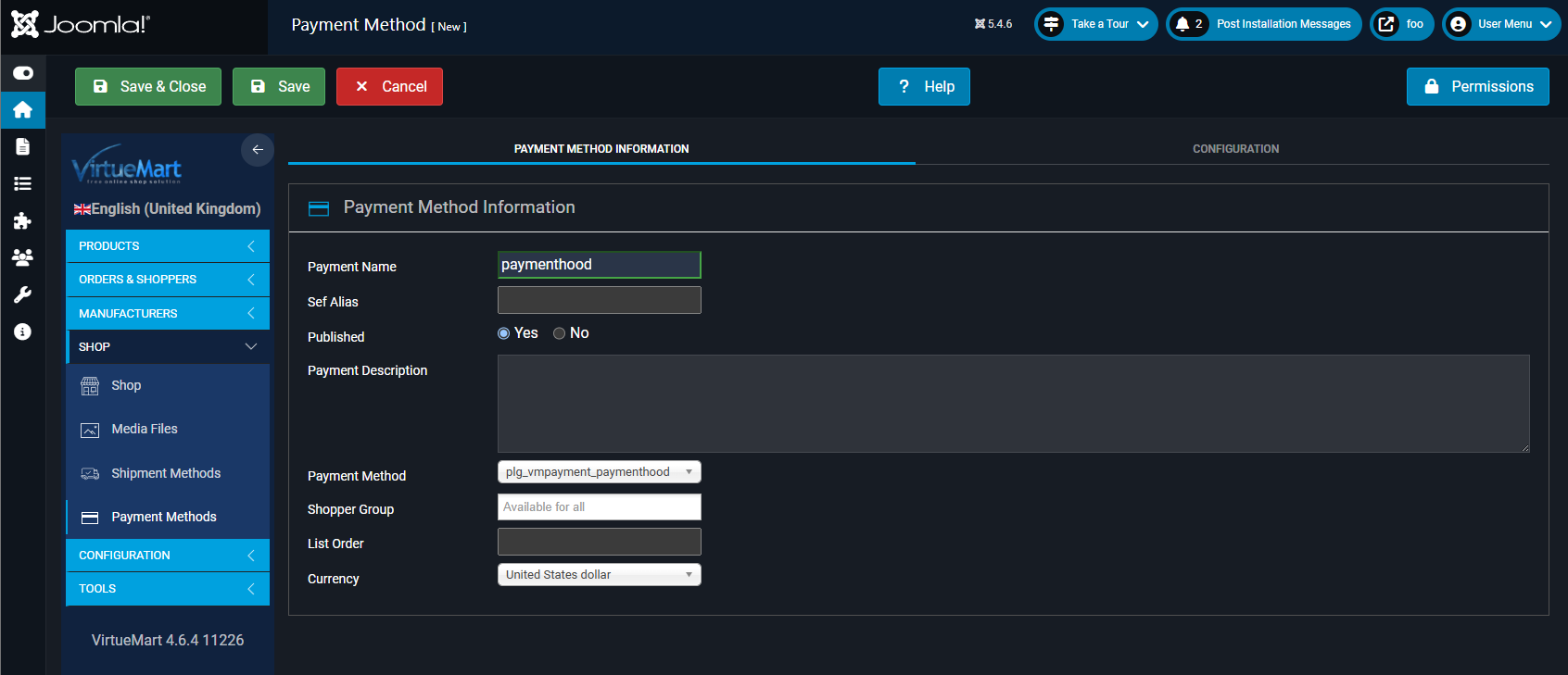 VirtueMart — define a PaymentHood payment method