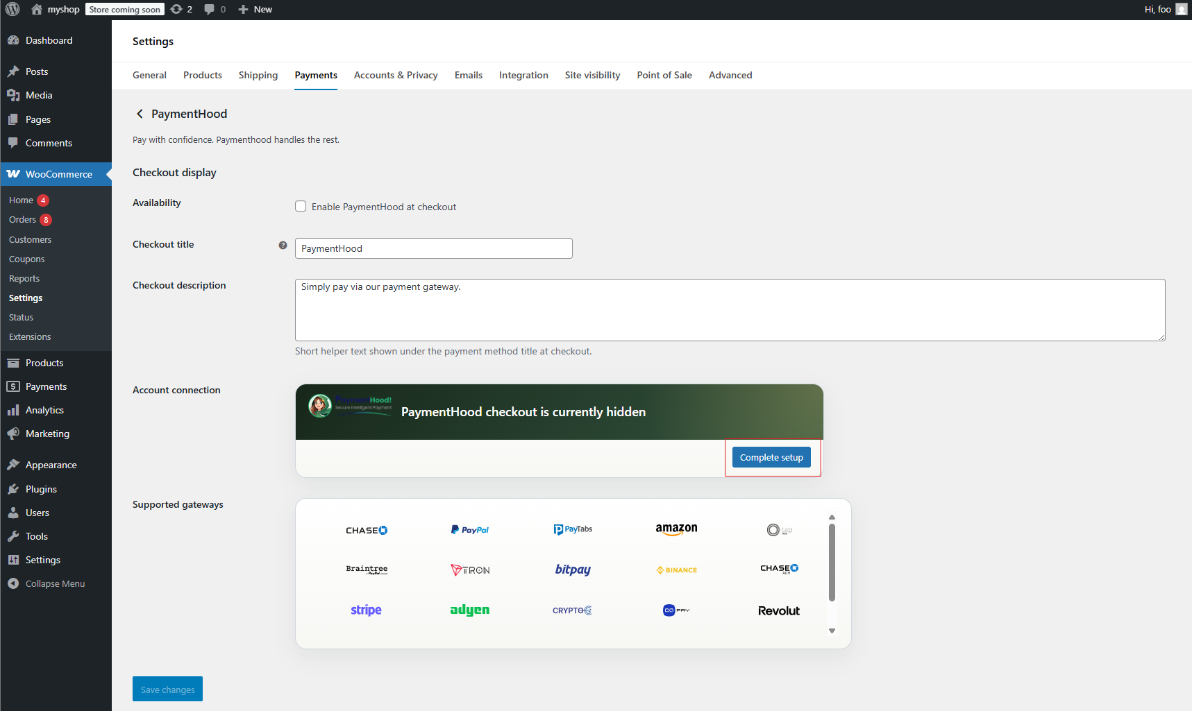 PaymentHood Complete Setup Button
