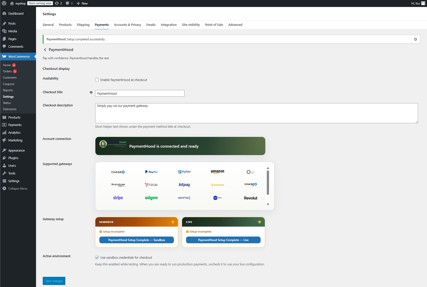 PaymentHood Console - Setup Sandbox and Live Gateways