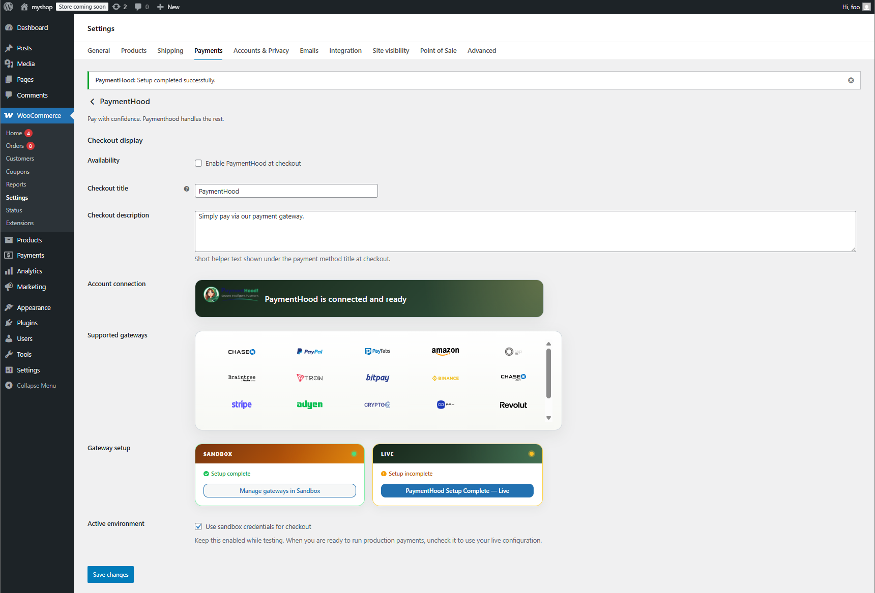 Sandbox Activated - Enable PaymentHood at Checkout